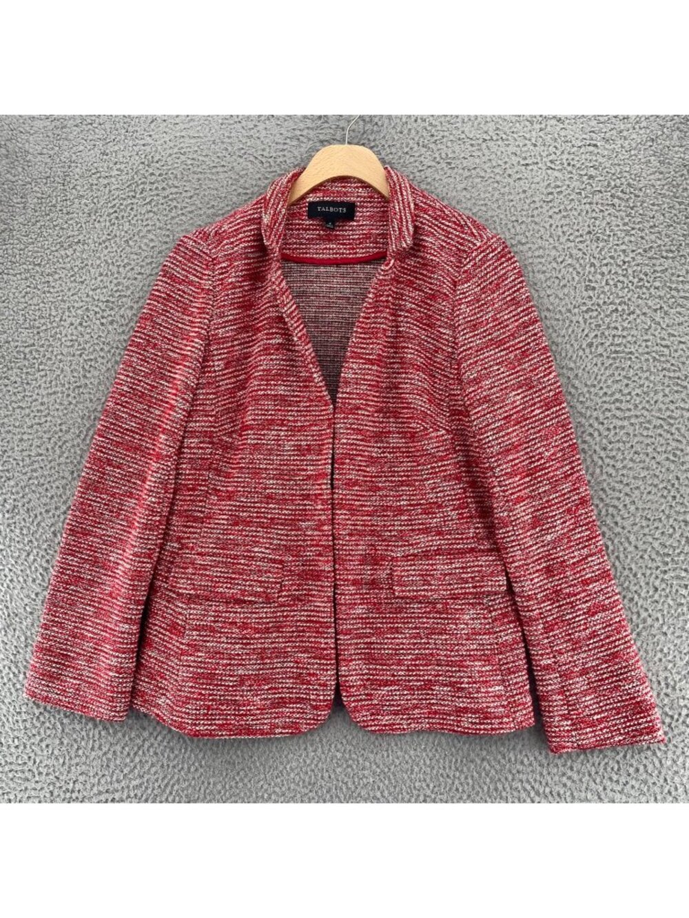 Talbots Jacket 4 Red White Striped Tweed Knit Notch Lapel Blazer Stretch Pockets